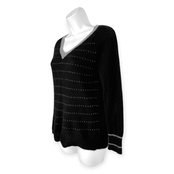 Subtle Luxury | S/M | 100% Cashmere Black Gray Stripe V-Neck Hi-Lo Sweater - Picture 3 of 6